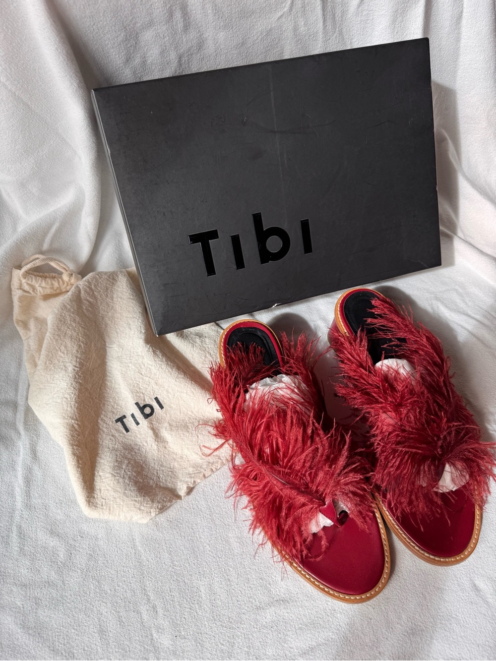 Tibi Red Ostrich Feather Slip-On Sandals Block heel 38.5